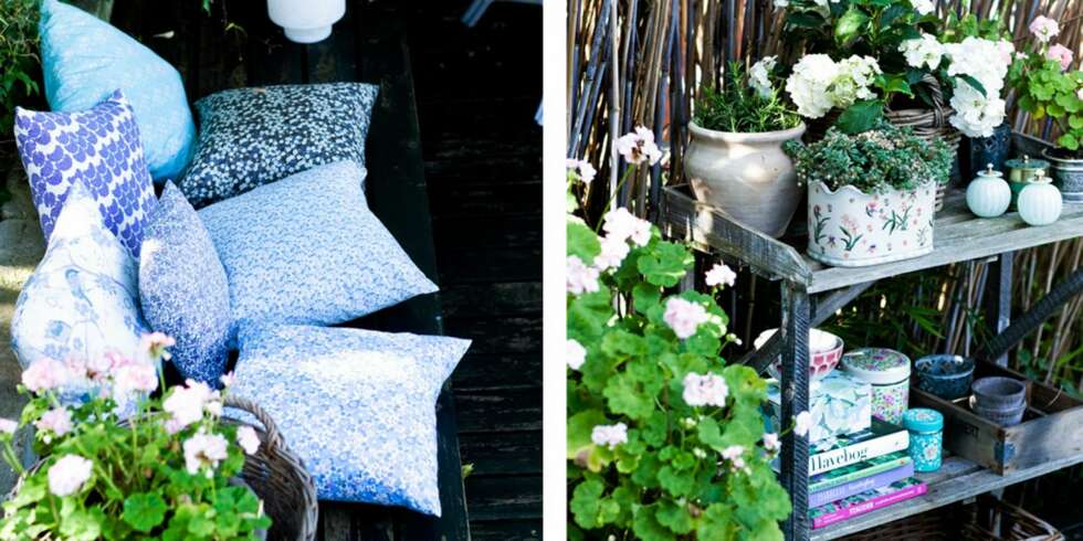 SKAP MAGI: Lag din egen, myke utesofa. Putene er her sydd av libertytekstiler. Et plantebord i hagen er hyggelig. Skap stemning ved å sette blomster, bokser og annen nips på det. SKAP MAGI: Lag din egen, myke utesofa. Putene er her sydd av libertytekstiler. Et plantebord i hagen er hyggelig. Skap stemning ved å sette blomster, bokser og annen nips på det.