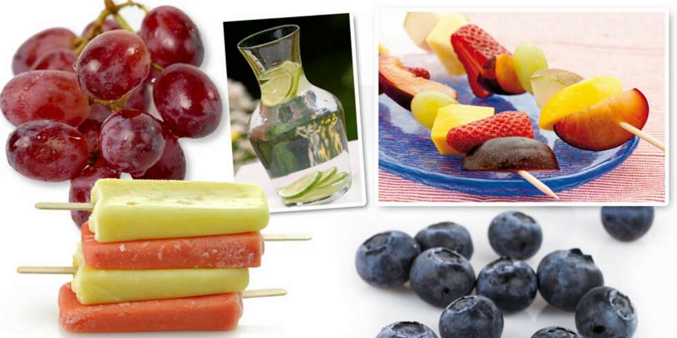 SUNNERE ALTERNATIVER: Velg bort sukkeret når ungene skal kose seg. Frosne druer, fruktvann, smoothie-is, fruktspyd med sjokolade og godteri-bær er godis med god samvittighet. SUNNERE ALTERNATIVER: Velg bort sukkeret når ungene skal kose seg. Frosne druer, fruktvann, smoothie-is, fruktspyd med sjokolade og godteri-bær er godis med god samvittighet.