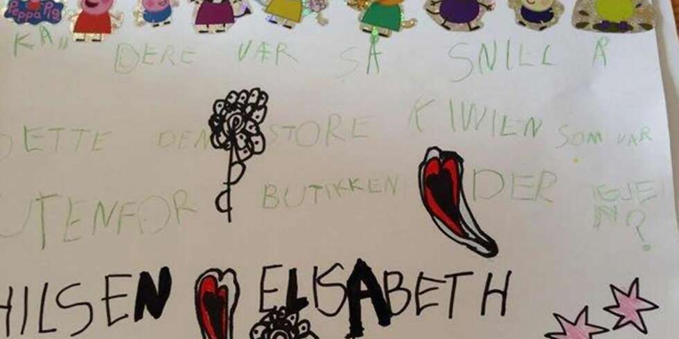 SKREV BREV: Da Elisabeth (5) ble lei av å vente på at den lokale Kiwi-butikken skulle sette opp igjen den store kiwi-figuren hun likte så godt, sendte hun like godt et brev der hun etterlyste den. SKREV BREV: Da Elisabeth (5) ble lei av å vente på at den lokale Kiwi-butikken skulle sette opp igjen den store kiwi-figuren hun likte så godt, sendte hun like godt et brev der hun etterlyste den.