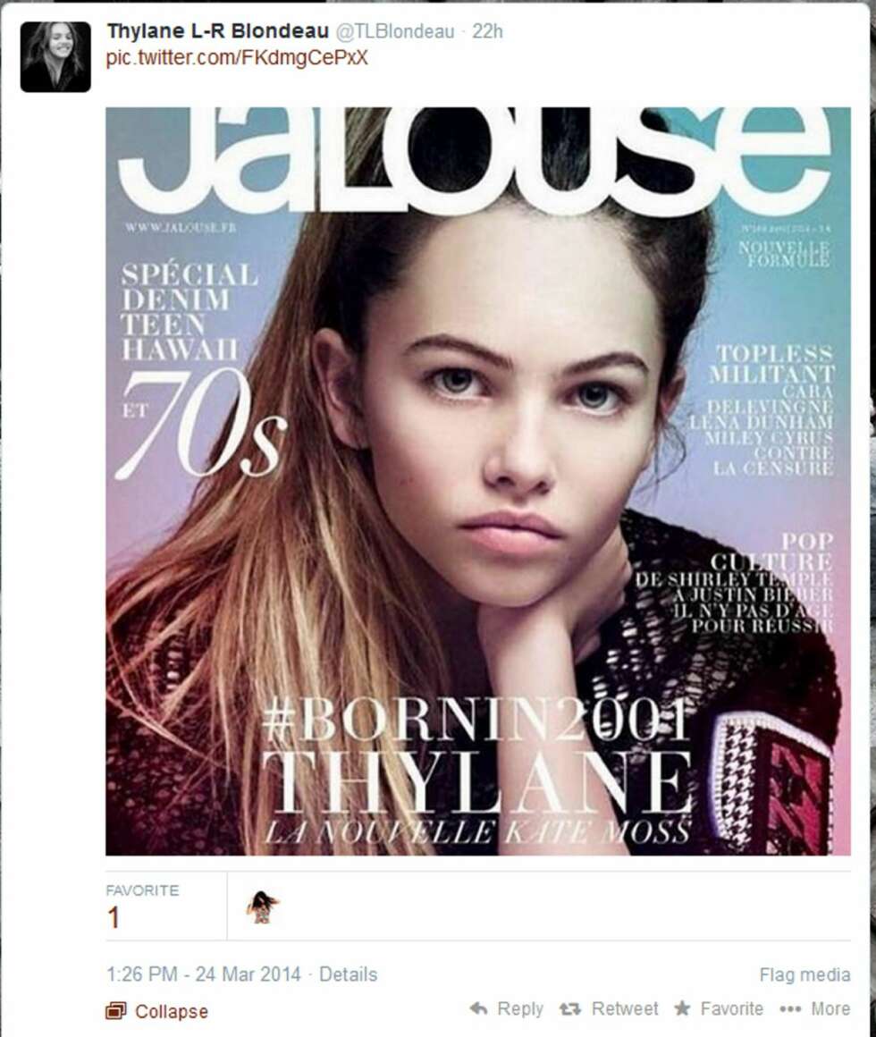 TWITTER: 12 år gamle Thylane Blondeau pryder forsiden til det franske motebladet Jalouse. I går delte 12-åringen forsiden på Twitter. TWITTER: 12 år gamle Thylane Blondeau pryder forsiden til det franske motebladet Jalouse. I går delte 12-åringen forsiden på Twitter.