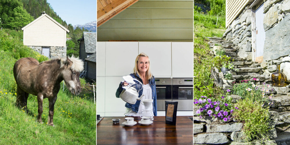 HJEM: Venstre: Hester fra rideskolen er på ferieopphold på Botlegarden hele sommeren
igjennom og gjør nytte for seg som pleiere av kulturlandskapet. I midten: Gammel røykestove med moderne kjøkken, og moderne dame med gammel kaffekjel. Berit som sammen med mannen Inge driver kombinert frisørsalong og kaffebar, foretrekker ferskbrygget kaffe når hun er hjemme. Høyre: Et imponerende arbeid er lagt ned i form av steinarbeider av dem som en gang etablerte en gård her i den bratte lia. HJEM: Venstre: Hester fra rideskolen er på ferieopphold på Botlegarden hele sommeren
igjennom og gjør nytte for seg som pleiere av kulturlandskapet. I midten: Gammel røykestove med moderne kjøkken, og moderne dame med gammel kaffekjel. Berit som sammen med mannen Inge driver kombinert frisørsalong og kaffebar, foretrekker ferskbrygget kaffe når hun er hjemme. Høyre: Et imponerende arbeid er lagt ned i form av steinarbeider av dem som en gang etablerte en gård her i den bratte lia.