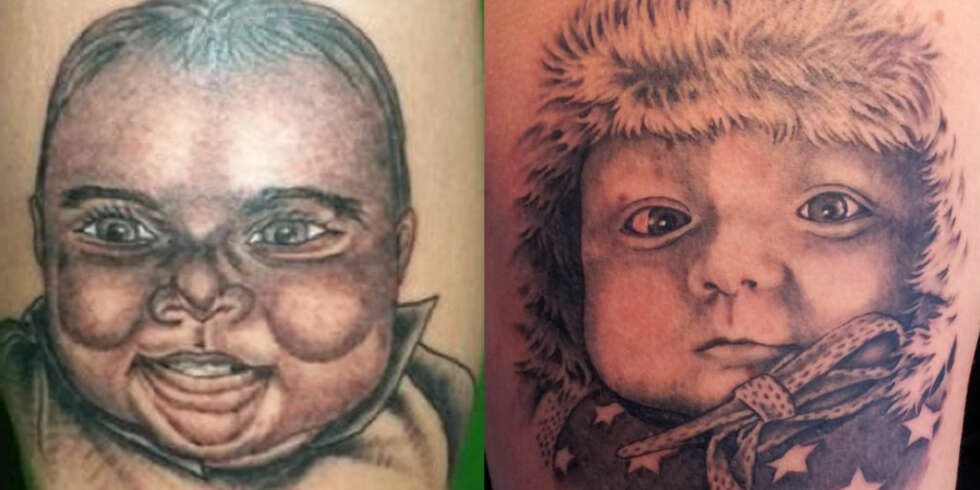 EN DÅRLIG, EN BRA: Tatoveringen til venstre verserer på ulike hitlister som deles på nettet og er et godt eksempel på hvordan et babyportrett ikke skal se ut. Tatoveringen til høyre er laget av Jonathan Priskorn Kjeldsen, og representerer kvaliteten de fleste foreldre ser for seg seg. EN DÅRLIG, EN BRA: Tatoveringen til venstre verserer på ulike hitlister som deles på nettet og er et godt eksempel på hvordan et babyportrett ikke skal se ut. Tatoveringen til høyre er laget av Jonathan Priskorn Kjeldsen, og representerer kvaliteten de fleste foreldre ser for seg seg.