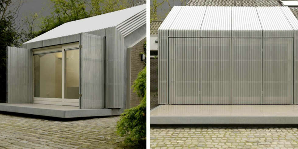 ÅPNES OG LUKKES: Arkitektene satte på paneler i metall som kan åpens og lukkes. På denne måten kan garsjekontoret beskyttes mot regnstormer og ekstremvær. ÅPNES OG LUKKES: Arkitektene satte på paneler i metall som kan åpens og lukkes. På denne måten kan garsjekontoret beskyttes mot regnstormer og ekstremvær.