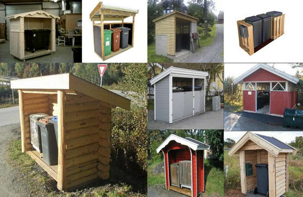 VARIASJONER: Her skulle det være noe for en hver smak! Først ser du et avfallshus fra Båtsfjord Service, som nummer to ser du et avfallshus fra Treko, som nummer tre ser du et moderne avfallshus som er nominert til byggeskikkprisen, det store bildet er av et avfallshus i tømmer vist på zett , nest sist ser du et rødt avfallshus fra Hanevold Sag som kommer ubehandlet, det siste avfallshuset er fra Mobilsaga . Husene som ikke er nevnt er eksempler jeg har funnet på renovasjonsetatens hjemmesider i ulike kommuner. VARIASJONER: Her skulle det være noe for en hver smak! Først ser du et avfallshus fra Båtsfjord Service, som nummer to ser du et avfallshus fra Treko, som nummer tre ser du et moderne avfallshus som er nominert til byggeskikkprisen, det store bildet er av et avfallshus i tømmer vist på zett , nest sist ser du et rødt avfallshus fra Hanevold Sag som kommer ubehandlet, det siste avfallshuset er fra Mobilsaga . Husene som ikke er nevnt er eksempler jeg har funnet på renovasjonsetatens hjemmesider i ulike kommuner.