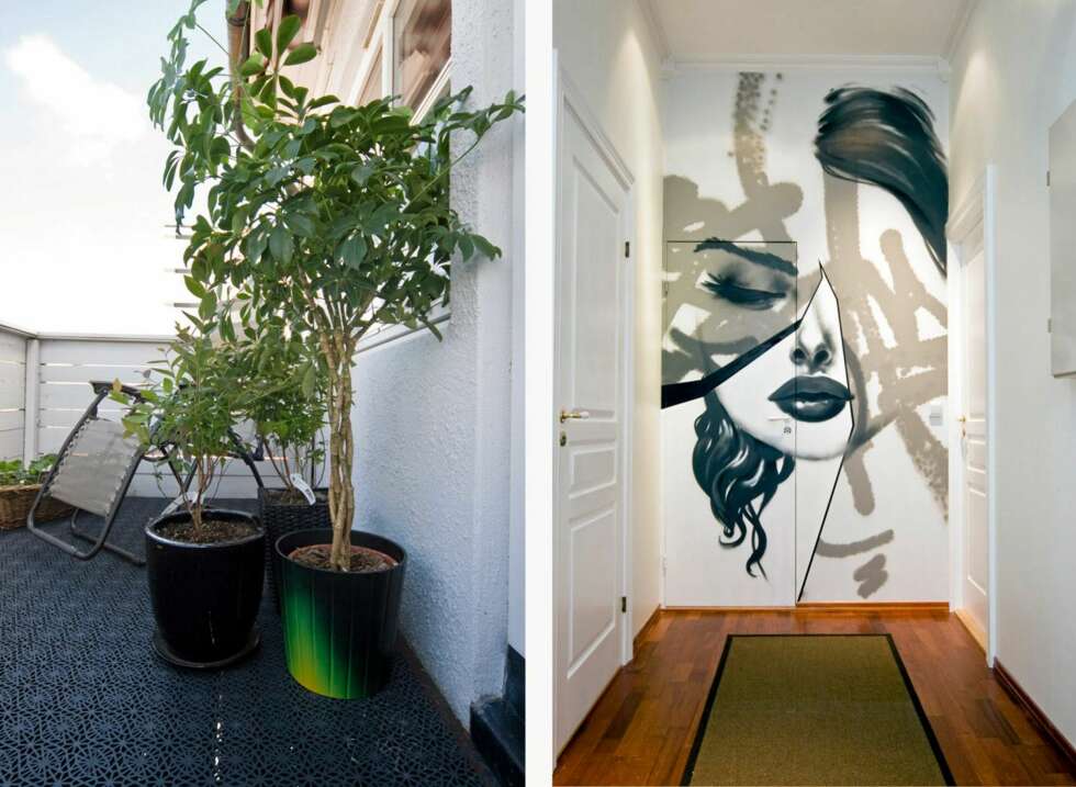 LYSPUNKT: På bildet til høyre er det benyttet en kombinasjon av graffiti og grafisk design for å skjule en litt stygg kottdør. Dekoren bidrar til å gi mer dybde i gangen. På bildet til venstre er det sprayet et lyspunkt med grønn og gul farge på en av pottene. For å gi et litt skarpt og artig punkt på terrassen. LYSPUNKT: På bildet til høyre er det benyttet en kombinasjon av graffiti og grafisk design for å skjule en litt stygg kottdør. Dekoren bidrar til å gi mer dybde i gangen. På bildet til venstre er det sprayet et lyspunkt med grønn og gul farge på en av pottene. For å gi et litt skarpt og artig punkt på terrassen.