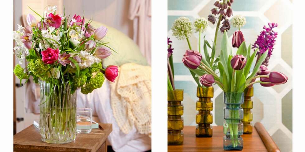 LEKRE BUKETTER: Tulipaner kan fint plasseres i en vase sammen med andre blomster som vist i bildet til venstre, men det beste er å sette de sammen med andre løkblomster. Da vil alle blomstene holde cirka like lenge. LEKRE BUKETTER: Tulipaner kan fint plasseres i en vase sammen med andre blomster som vist i bildet til venstre, men det beste er å sette de sammen med andre løkblomster. Da vil alle blomstene holde cirka like lenge.