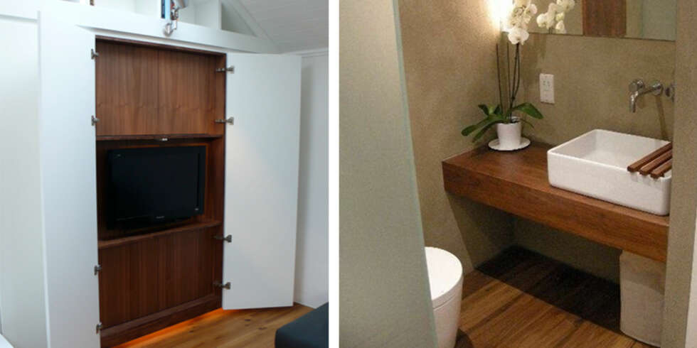 SMARTE LØSNINGER: I et skap i stuen har man skjult TV'en. Badet er kompakt, men har alle fasiliteter man måtte trenge. SMARTE LØSNINGER: I et skap i stuen har man skjult TV'en. Badet er kompakt, men har alle fasiliteter man måtte trenge.