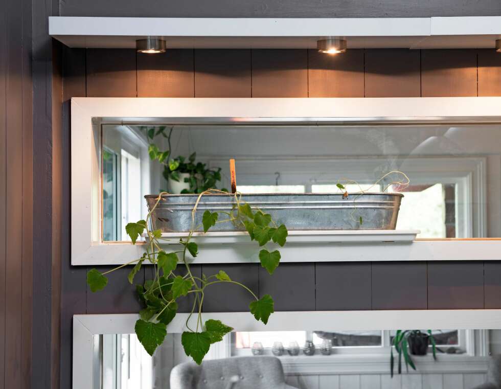 LANGE LINJER: I stedet for dør ble det vegg med to avlange
vinduer inn mot stuen.
De bryter opp veggen
og slipper inn lys mellom rommene. Hvite karmer skaper kontraster mot det mørke. Downlights
fra Bauhaus. (FOTO: Espen Grønli) LANGE LINJER: I stedet for dør ble det vegg med to avlange
vinduer inn mot stuen.
De bryter opp veggen
og slipper inn lys mellom rommene. Hvite karmer skaper kontraster mot det mørke. Downlights
fra Bauhaus. (FOTO: Espen Grønli)