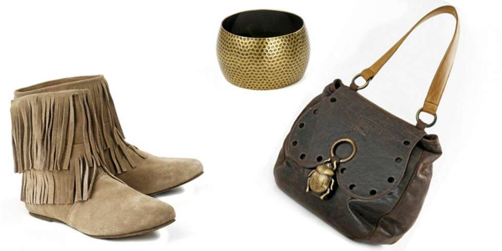 FRITID: Støvletter med frynser fra La Redoute kr 899, armbånd fra Oasis kr 99 og brun skinnveske fra Moo kr 4200. FRITID: Støvletter med frynser fra La Redoute kr 899, armbånd fra Oasis kr 99 og brun skinnveske fra Moo kr 4200.