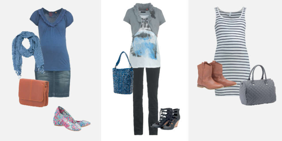 Fra venstre: Blå t-skjorte, kr 429, skjørt, kr 749, og skjerf, kr 199, alt fra Noppies. Liten veske fra Ellos, kr 199, og blomstrete ballerinasko fra H&M, kr 129. Bolero fra Ellos, kr 399, t-skjorte fra Mama Licious, kr 299, bukse fra 2Wear, kr 699, sko fra Ellos, kr 499 og veske fra Tosca Blue, kr 2699. Stripete lang singlet fra Only, kr 130, veske fra Gina Tricot, kr 299, og boots fra Ellos, kr 699. Fra venstre: Blå t-skjorte, kr 429, skjørt, kr 749, og skjerf, kr 199, alt fra Noppies. Liten veske fra Ellos, kr 199, og blomstrete ballerinasko fra H&M, kr 129. Bolero fra Ellos, kr 399, t-skjorte fra Mama Licious, kr 299, bukse fra 2Wear, kr 699, sko fra Ellos, kr 499 og veske fra Tosca Blue, kr 2699. Stripete lang singlet fra Only, kr 130, veske fra Gina Tricot, kr 299, og boots fra Ellos, kr 699.