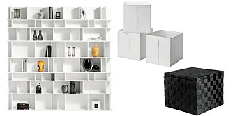 SMARTE STUENMØBLER: Hvit, høyglanset hylle, kr 19 980, BoConcept. Hvite bokser, kr 119 for 3 stk., Ikea, og svart flettepuff med lokk og god lagringsplass, kr 299, Åhléns. SMARTE STUENMØBLER: Hvit, høyglanset hylle, kr 19 980, BoConcept. Hvite bokser, kr 119 for 3 stk., Ikea, og svart flettepuff med lokk og god lagringsplass, kr 299, Åhléns.