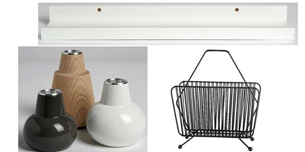 TAR LITEN PLASS: Lysestaker som kan stables, kr 265, 279 og 319, Kvist. Rammelist til bilder, kr 79, Ikea. Aviskurv i svartlakkert metall, kr 200, Åhléns. TAR LITEN PLASS: Lysestaker som kan stables, kr 265, 279 og 319, Kvist. Rammelist til bilder, kr 79, Ikea. Aviskurv i svartlakkert metall, kr 200, Åhléns.