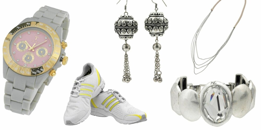 GLITRENDE TILBEHØR: Klokke, kr 1295, fra Triwa. Treningssko, kr 1000, fra Adidas. Øredobber, kr 69, fra Indiska. Langt halskjede med skinn rundt halsen, kr 498, fra Arts & Crafts. Armbånd med glasstein, kr 998, fra Arts & Crafts. GLITRENDE TILBEHØR: Klokke, kr 1295, fra Triwa. Treningssko, kr 1000, fra Adidas. Øredobber, kr 69, fra Indiska. Langt halskjede med skinn rundt halsen, kr 498, fra Arts & Crafts. Armbånd med glasstein, kr 998, fra Arts & Crafts.