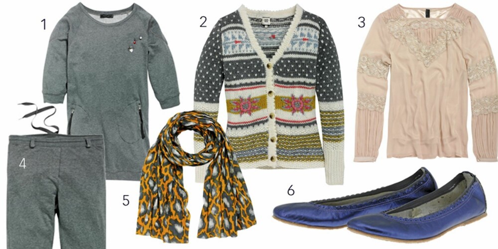 GRAVIDE INNEKLÆR: 1: Lang genser, kr 1590, fra Twin Set. 2: Strikket jakke, kr 1249, fra Noa Noa. 3: Langermet topp med blonder, kr 300, fra Vero Moda. 4: Myk bukse, kr 1200, fra Twin Set. 5: Skjerf, kr 249, fra Friis. 6: Ballerinasko, kr 899, fra Noa Noa. GRAVIDE INNEKLÆR: 1: Lang genser, kr 1590, fra Twin Set. 2: Strikket jakke, kr 1249, fra Noa Noa. 3: Langermet topp med blonder, kr 300, fra Vero Moda. 4: Myk bukse, kr 1200, fra Twin Set. 5: Skjerf, kr 249, fra Friis. 6: Ballerinasko, kr 899, fra Noa Noa.