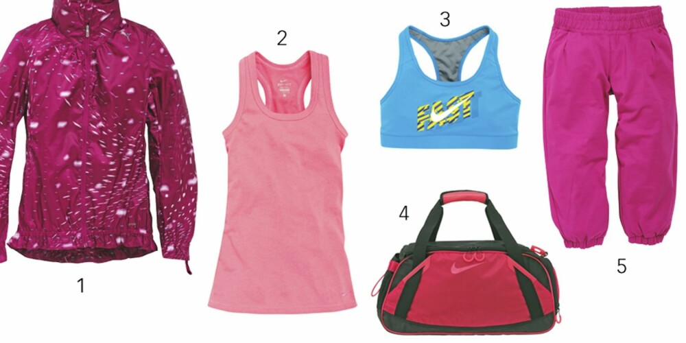 TRENINGSKLÆR FOR GRAVIDE: 1: Tynn treningsjakke, kr 799, fra Puma. 2: Rosa singlet, kr 300, fra Nike. 3: Sports-bh, kr 350, fra Nike. 4: Treningsbag, kr 400, fra Nike. 5: Kort treningsbukse, kr 349, fra Puma. TRENINGSKLÆR FOR GRAVIDE: 1: Tynn treningsjakke, kr 799, fra Puma. 2: Rosa singlet, kr 300, fra Nike. 3: Sports-bh, kr 350, fra Nike. 4: Treningsbag, kr 400, fra Nike. 5: Kort treningsbukse, kr 349, fra Puma.