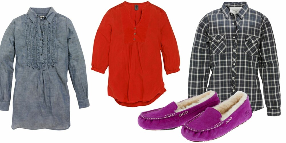 LØST OG LEDIG (fra venstre.): Tunika, kr 599, fra Noa Noa. Rød tunika, kr 260, fra Vero Moda Jeans. Herreskjorte passer bra til kulerunde mager, kr 394, fra Selected Homme. Myke saueskinnstøfler, kr 1300,
fra Ugg. LØST OG LEDIG (fra venstre.): Tunika, kr 599, fra Noa Noa. Rød tunika, kr 260, fra Vero Moda Jeans. Herreskjorte passer bra til kulerunde mager, kr 394, fra Selected Homme. Myke saueskinnstøfler, kr 1300,
fra Ugg.