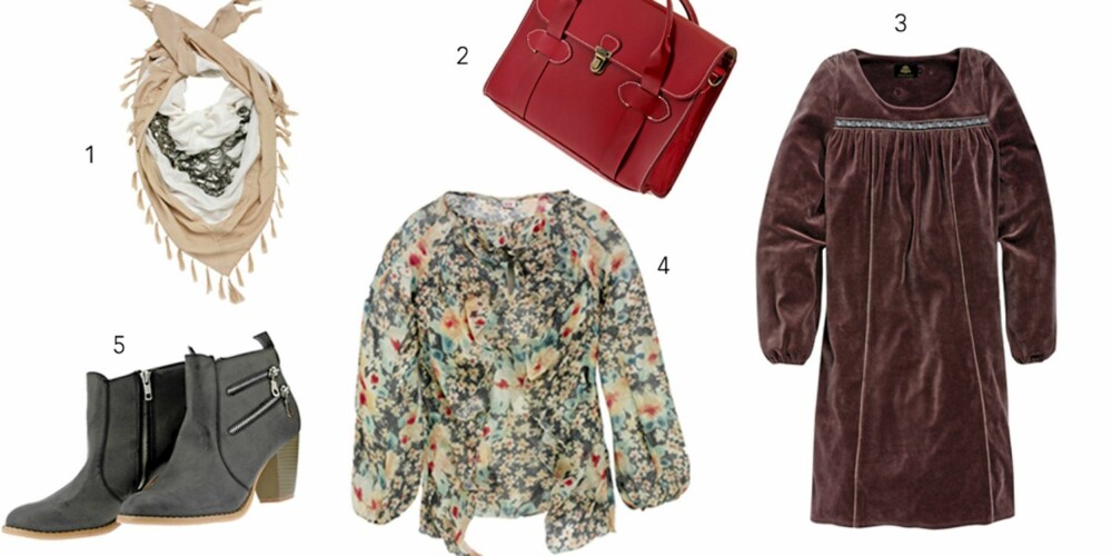 UT PÅ BYEN: 1: Sjal med steiner, kr 2000, fra Twin Set. 2: Veske,
kr 699, fra Pieces. 3: Kjole i myk fløyel,
kr 1499, fra Maggie Wonka. 4: Blomstrete bluse, kr 2599, fra Nolita. 5: Skoletter, kr 500, fra Pieces. UT PÅ BYEN: 1: Sjal med steiner, kr 2000, fra Twin Set. 2: Veske,
kr 699, fra Pieces. 3: Kjole i myk fløyel,
kr 1499, fra Maggie Wonka. 4: Blomstrete bluse, kr 2599, fra Nolita. 5: Skoletter, kr 500, fra Pieces.