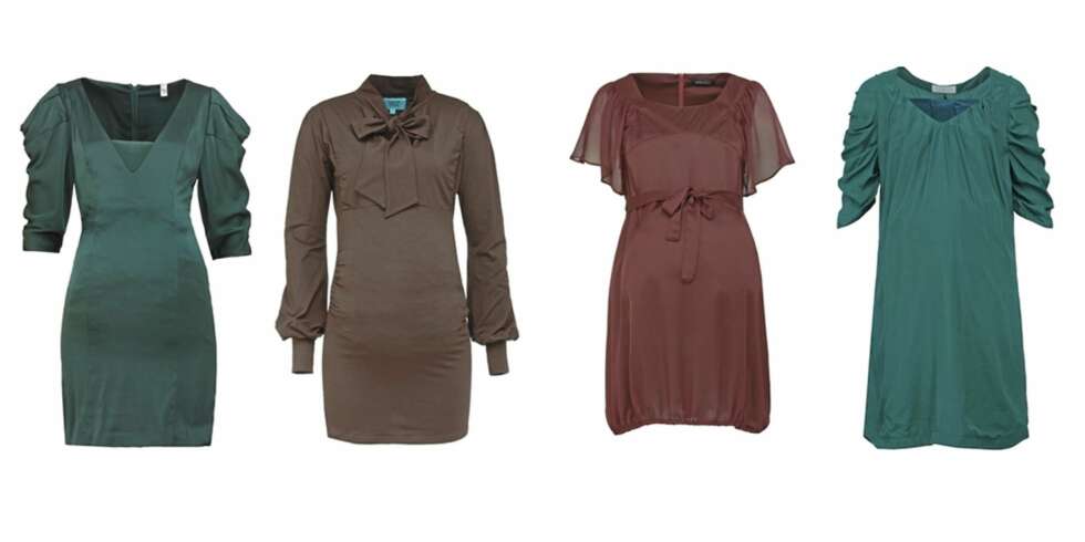 KORT OG GODT: Fra venstre: Ettersittende kjole med rynker på ermene, kr 700, fra Vero Moda. Kort kjole med sløyfe i halsen, kr 399, fra Look at Mom. Rødbrun kjole med knyting i livet og strikk nede, kr 350, fra Mama Licious. Sjøgrønn kjole med rynker foran og morsomme ermer, kr 1299, fra Bruuns Bazaar. KORT OG GODT: Fra venstre: Ettersittende kjole med rynker på ermene, kr 700, fra Vero Moda. Kort kjole med sløyfe i halsen, kr 399, fra Look at Mom. Rødbrun kjole med knyting i livet og strikk nede, kr 350, fra Mama Licious. Sjøgrønn kjole med rynker foran og morsomme ermer, kr 1299, fra Bruuns Bazaar.