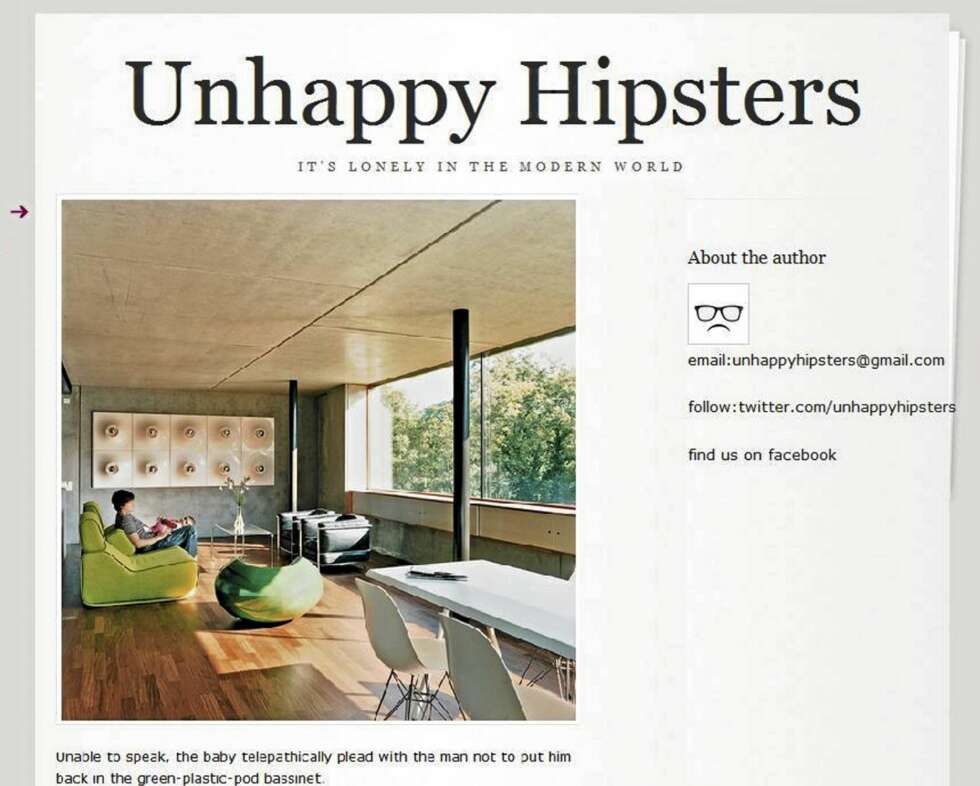 HJELP!: Bildeteksten sier: ""Uten mulighet for å snakke, brukte babyen telepati for å trygle mannen om ikke å legge ham tilbake i den grønne plastboblen."" FOTO: Faksimile fra bloggen Unhappy Hipsters HJELP!: Bildeteksten sier: ""Uten mulighet for å snakke, brukte babyen telepati for å trygle mannen om ikke å legge ham tilbake i den grønne plastboblen."" FOTO: Faksimile fra bloggen Unhappy Hipsters