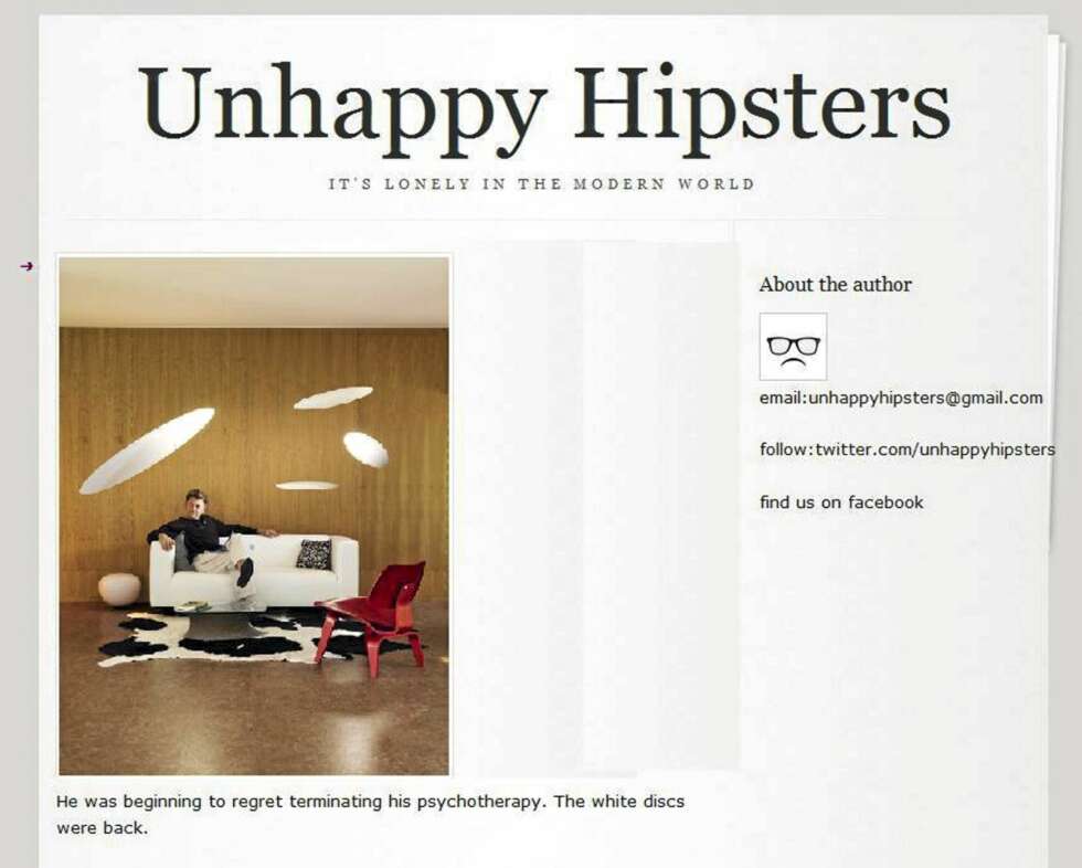 SER SYNER: Bildeteksten sier: ""Han begynte å angre på at han hadde avsluttet terapien hos psykolog. De hvite diskene var tilbake igjen."" FOTO: Faksimile fra bloggen Unhappy Hipsters SER SYNER: Bildeteksten sier: ""Han begynte å angre på at han hadde avsluttet terapien hos psykolog. De hvite diskene var tilbake igjen."" FOTO: Faksimile fra bloggen Unhappy Hipsters