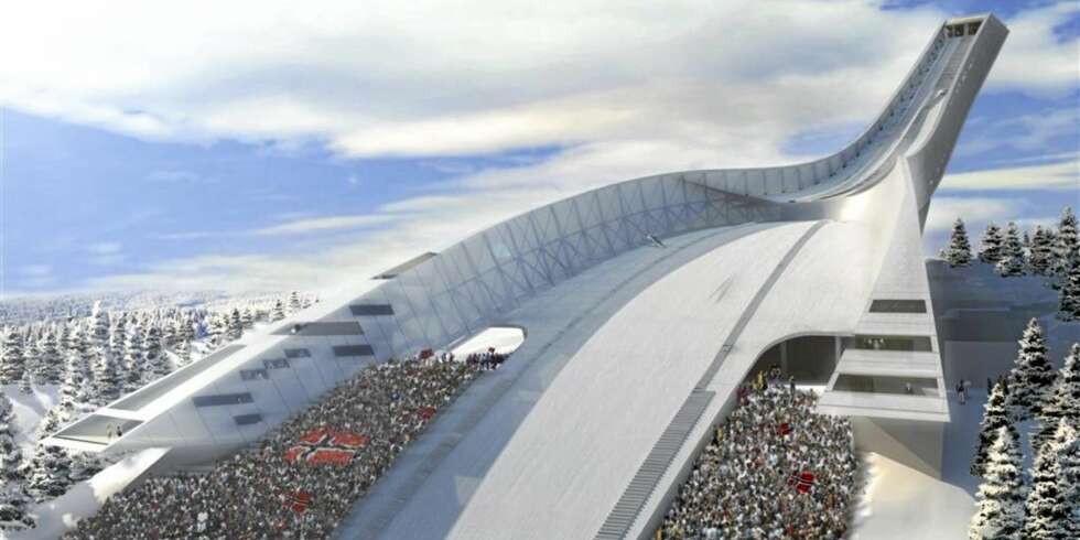 OVARENN OG TRIBUNER: Holmenkollbakken mot sørøst. OVARENN OG TRIBUNER: Holmenkollbakken mot sørøst.