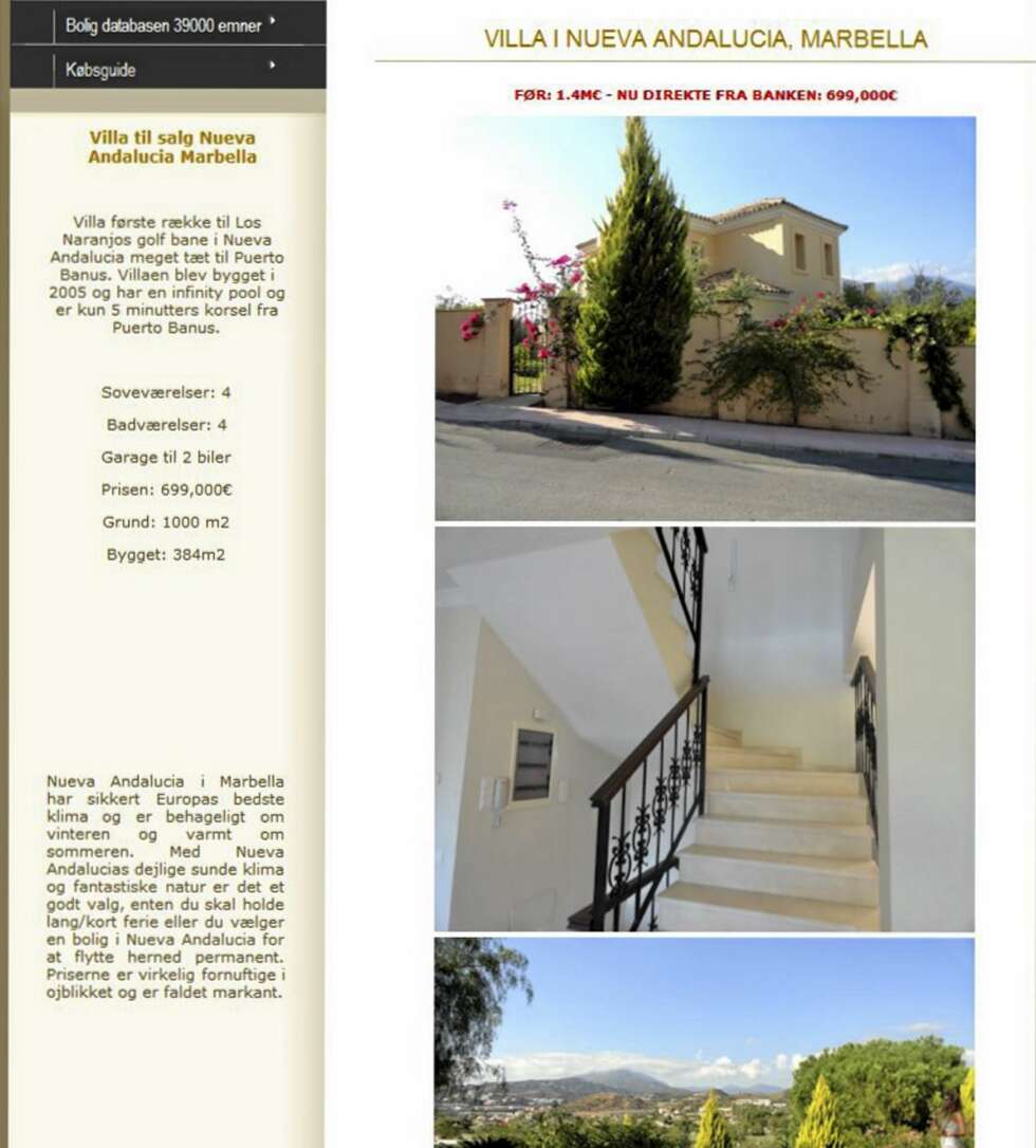 VILLA: Denne villaen i Marbella på Costa del Sol, er satt ned 50% til 699 000 Euro. Villaen er bygget i 2005, har eget svømmebasseng og ligger nær golfbane og båthavn. VILLA: Denne villaen i Marbella på Costa del Sol, er satt ned 50% til 699 000 Euro. Villaen er bygget i 2005, har eget svømmebasseng og ligger nær golfbane og båthavn.