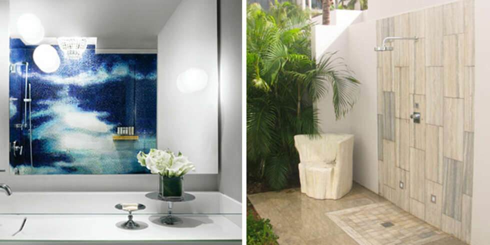 NYT NATUREN: På Mondrian blir du minnet på Miamis blå bølger mens du dusjer. På hotellet Viceroy på Anguilla nyter du en utedusj i lekre marmor-omgivelser. NYT NATUREN: På Mondrian blir du minnet på Miamis blå bølger mens du dusjer. På hotellet Viceroy på Anguilla nyter du en utedusj i lekre marmor-omgivelser.