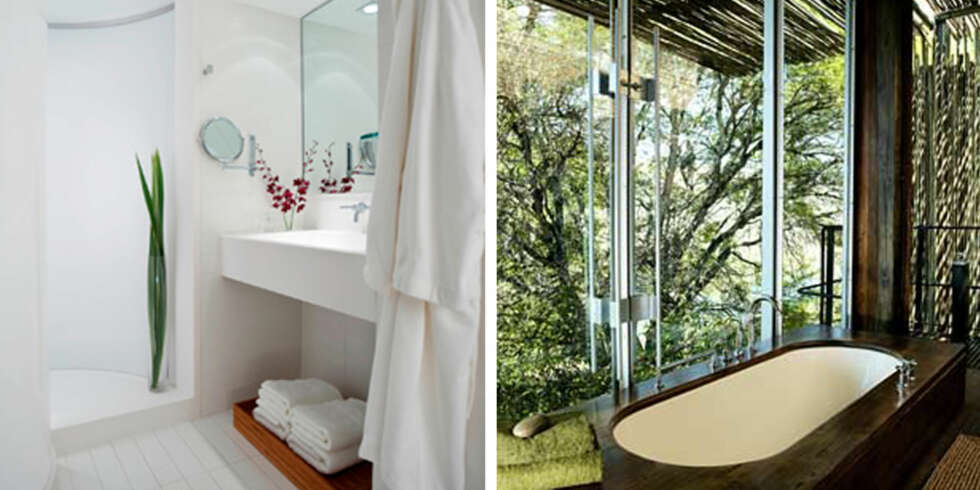 DESIGNERDUSJ: Bare glassdører skiller badet (inne) fra dusjen (ute) på Singita Sweni i Sør Afrika. DESIGNERDUSJ: Bare glassdører skiller badet (inne) fra dusjen (ute) på Singita Sweni i Sør Afrika.