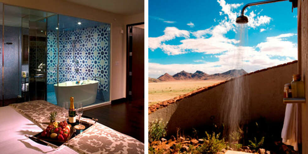 DRØMMEDUSJ: På Desert Lodge i Namibia dusjer du ute, men verdens vakreste utsikt som nabo. DRØMMEDUSJ: På Desert Lodge i Namibia dusjer du ute, men verdens vakreste utsikt som nabo.
