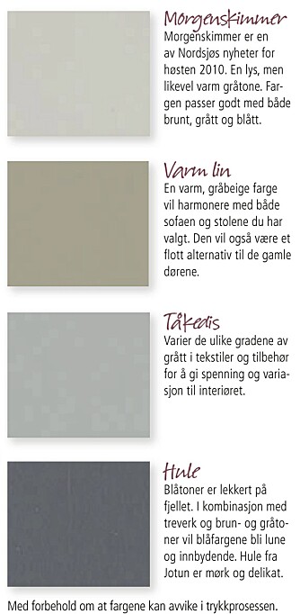 FARGEPALETT: Bland ulike gråtoner med beige og blått for et rustikt og harmonisk interiør. FARGEPALETT: Bland ulike gråtoner med beige og blått for et rustikt og harmonisk interiør.