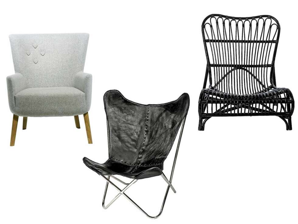 MODERNE LENESTOLER: Deadgood Love chair fra ambientliving.dk, Butterfly sammenleggbar stol fra Nordal (3700,-) og lav kurvstol fra House Doctor (2625,-). MODERNE LENESTOLER: Deadgood Love chair fra ambientliving.dk, Butterfly sammenleggbar stol fra Nordal (3700,-) og lav kurvstol fra House Doctor (2625,-).