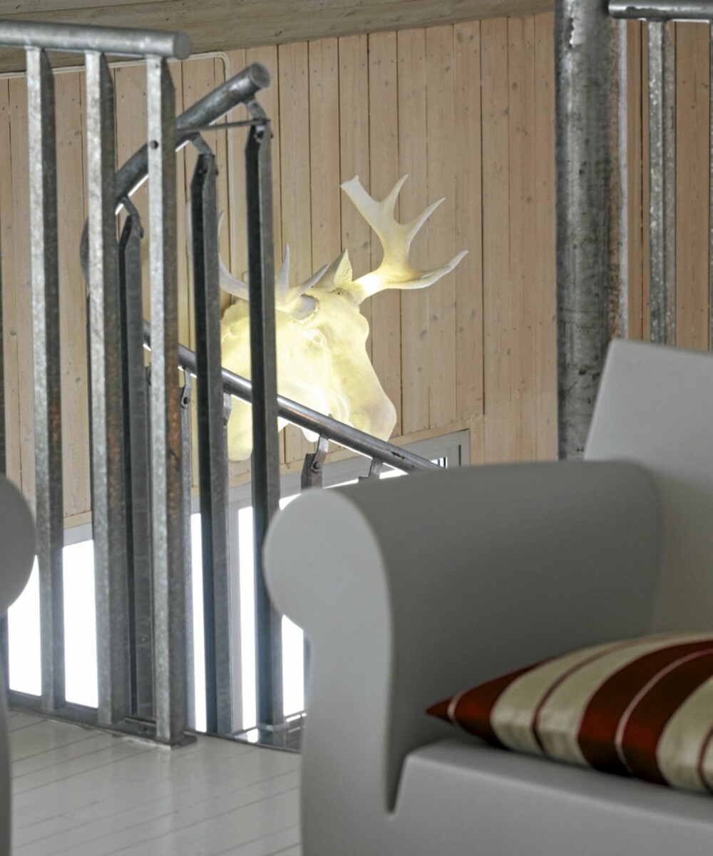 LYSENDE ELGHODE. Astrid og Willy nøyer seg med et elghode fra Nordic Lighting i trappeoppgangen. Den ekte varen vandrer i skogen utenfor. LYSENDE ELGHODE. Astrid og Willy nøyer seg med et elghode fra Nordic Lighting i trappeoppgangen. Den ekte varen vandrer i skogen utenfor.