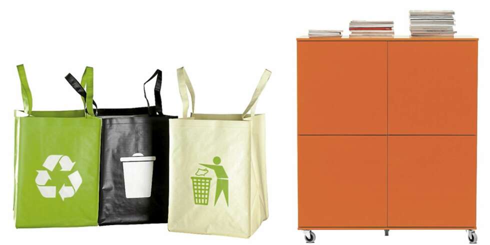 Et skap med hjul som også kan brukes som romdeler, kr 10799, Boconcept, og plastkurver som skaper orden på gjenvinningen, kr 79, Åléns. Et skap med hjul som også kan brukes som romdeler, kr 10799, Boconcept, og plastkurver som skaper orden på gjenvinningen, kr 79, Åléns.