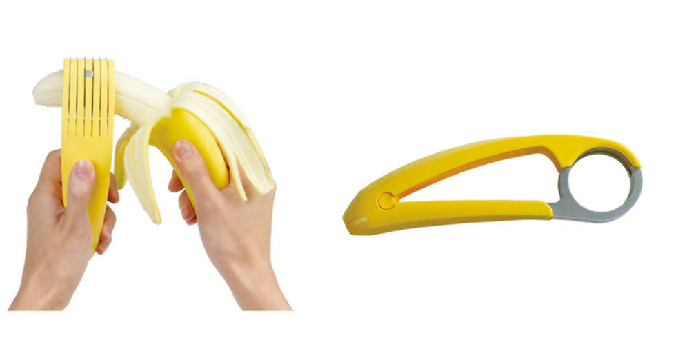 SOM EN PROFF: Med banankutteren skjærer du de peneste bananskivene du noen gang har skjært. SOM EN PROFF: Med banankutteren skjærer du de peneste bananskivene du noen gang har skjært.