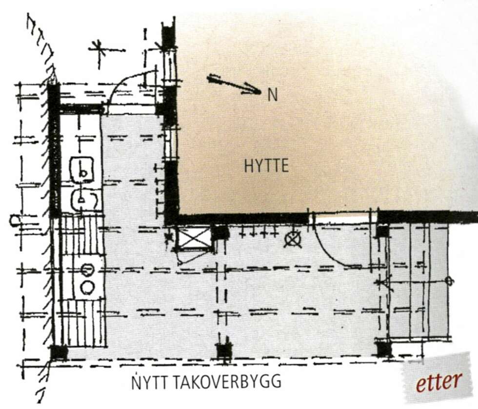 FORESLO MUR: Som det fremgår av tegningene fra Hyttelivs arkitekter, ble det foreslått en mur mot terrenget på ca. 170 cm fra hytteveggen mot sør. Muren var tenkt i full høyde mot det nye taket i cirka 2 meter lengde bak oppvaskbenken. FORESLO MUR: Som det fremgår av tegningene fra Hyttelivs arkitekter, ble det foreslått en mur mot terrenget på ca. 170 cm fra hytteveggen mot sør. Muren var tenkt i full høyde mot det nye taket i cirka 2 meter lengde bak oppvaskbenken.