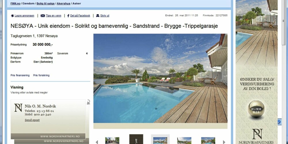 GODT LIKT: På syvendeplass med 105 822 sidevisninger i 2011 finner vi en enebolig på Nesøya med sandstrand, brygge og trippelgarasje. Prisantydning 30.000.000 millioner. GODT LIKT: På syvendeplass med 105 822 sidevisninger i 2011 finner vi en enebolig på Nesøya med sandstrand, brygge og trippelgarasje. Prisantydning 30.000.000 millioner.