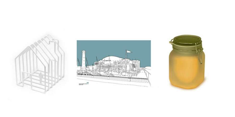 MASSE NIPS: Bladstativ formet som et hus, Vandashop, håndkle med grafisk motiv, Southbank Centre, og lysende boks med lokk (lampe), Momastore. MASSE NIPS: Bladstativ formet som et hus, Vandashop, håndkle med grafisk motiv, Southbank Centre, og lysende boks med lokk (lampe), Momastore.