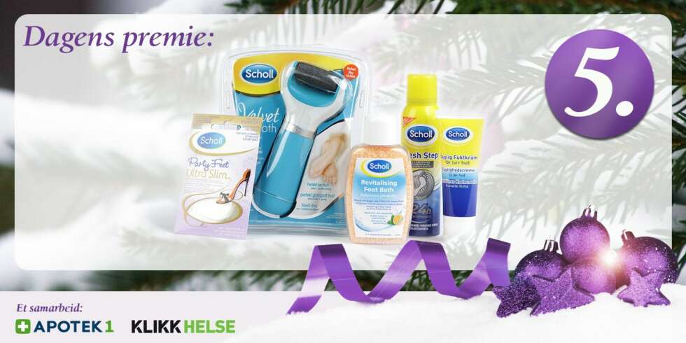 Dagens premie er en fotpleie-pakke med elektrisk fotfil, fotbad, fotkrem, fotspray, og Scholl party feet. Dagens premie er en fotpleie-pakke med elektrisk fotfil, fotbad, fotkrem, fotspray, og Scholl party feet.