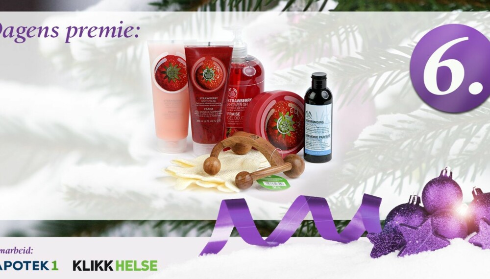Dagens premie er en kroppspleie-pakke med kroppsskrubb, bodybutter, dusjgelé, kroppslotion, handy massager, skrubbehanske og massasjeolje. Dagens premie er en kroppspleie-pakke med kroppsskrubb, bodybutter, dusjgelé, kroppslotion, handy massager, skrubbehanske og massasjeolje.