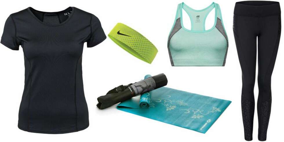 FINT OG RIMELIG: Topp fra Nelly.com, 160 kroner. Svettebånd fra Nike, 49 kroner. Trenings-BH fra H&M, 160 kroner. Yoga- og pilatesmatte fra Abilica, 199 kroner. Treningstights fra New Yorker, 199 kroner. FINT OG RIMELIG: Topp fra Nelly.com, 160 kroner. Svettebånd fra Nike, 49 kroner. Trenings-BH fra H&M, 160 kroner. Yoga- og pilatesmatte fra Abilica, 199 kroner. Treningstights fra New Yorker, 199 kroner.