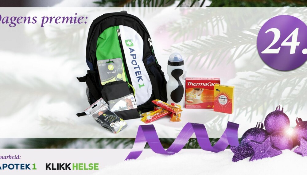 Dagens premie er en energipakke: energy tabletter, 5 stk energy bar, ryggsekk m/ refleks, brodder, festerem, drikkeflaske og varmeomslag. Dagens premie er en energipakke: energy tabletter, 5 stk energy bar, ryggsekk m/ refleks, brodder, festerem, drikkeflaske og varmeomslag.