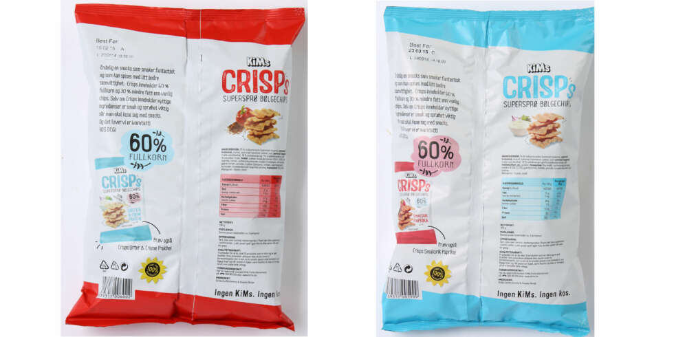 HØYT SALTINNHOLD: Den nye chipsen inneholder mer salt enn vanlig potetgull, til tross fullkorn og mindre fett. KIMs gjør oppmerksom på at det har skjedd en feil i utregningen av næringsinformasjonen som står på første opptrykk av emballasje for Crisps. Det er næringsinformasjonen på KIMs nettsider som er riktig. HØYT SALTINNHOLD: Den nye chipsen inneholder mer salt enn vanlig potetgull, til tross fullkorn og mindre fett. KIMs gjør oppmerksom på at det har skjedd en feil i utregningen av næringsinformasjonen som står på første opptrykk av emballasje for Crisps. Det er næringsinformasjonen på KIMs nettsider som er riktig.