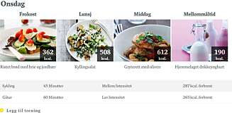 UKEMENY: Du kan bytte oppskrifter, legge til egne oppskrifter og registrere trening: En enkel oversikt viser deg hvilke næringsstoffer du mangler for uken, og hvor mange kalorier du har fått i deg. UKEMENY: Du kan bytte oppskrifter, legge til egne oppskrifter og registrere trening: En enkel oversikt viser deg hvilke næringsstoffer du mangler for uken, og hvor mange kalorier du har fått i deg.