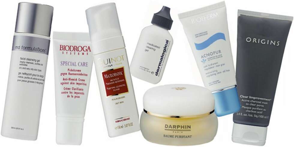 FRA VENSTRE: MD Formulations Facial cleansing gel, kr 398. Biodroga Special care anti-blemish crème, kr 230. Guinot Microbiotic purifying cleansing foam, kr 273.
Dermalogica Medicated clearing gel, kr 468. Darphin Purifying Balm, kr 597. Biotherm Acnopur moisturizing regulating care, kr 295. Origins Clear improvement mask, kr 210. FRA VENSTRE: MD Formulations Facial cleansing gel, kr 398. Biodroga Special care anti-blemish crème, kr 230. Guinot Microbiotic purifying cleansing foam, kr 273.
Dermalogica Medicated clearing gel, kr 468. Darphin Purifying Balm, kr 597. Biotherm Acnopur moisturizing regulating care, kr 295. Origins Clear improvement mask, kr 210.