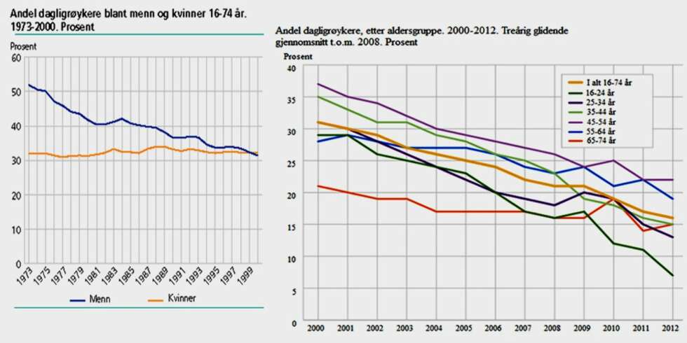NEDGANG: Grafene viser nedgang i antall dagligrøykere fra 1973-2000 og fra 2000-2012. NEDGANG: Grafene viser nedgang i antall dagligrøykere fra 1973-2000 og fra 2000-2012.