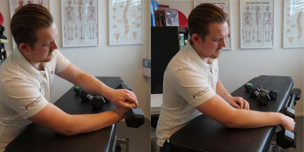 Eksentrisk trening av underarmens utside, også kalt ekstensorgruppen. Dette er den beste øvelsen for musearm. Med denne øvelsen trener man de senene som er overbelastet i albuen på en måte som bygger de opp igjen. Hvil underarmen på kanten av et bord, hold i en manual på 1kg med håndflaten ned mot gulvet, løft vekten opp med den andre hånden og slipp sakte ned igjen uten hjelp fra den andre hånden. Øvelsen baserer seg på at man kun skal slippe vekten ned og holde igjen. 15 repetisjoner x 3, hver morgen og kveld, 7 dager i uken i 12 uker. Etter 45 repetisjoner skal det være litt ømt i albuen, og om det ikke er det så øk vektene gradvis oppover. Man begynner ofte på 1kg, og ender ofte opp på 8-9kg. FOTO: Jenny Mina Rødahl Eksentrisk trening av underarmens utside, også kalt ekstensorgruppen. Dette er den beste øvelsen for musearm. Med denne øvelsen trener man de senene som er overbelastet i albuen på en måte som bygger de opp igjen. Hvil underarmen på kanten av et bord, hold i en manual på 1kg med håndflaten ned mot gulvet, løft vekten opp med den andre hånden og slipp sakte ned igjen uten hjelp fra den andre hånden. Øvelsen baserer seg på at man kun skal slippe vekten ned og holde igjen. 15 repetisjoner x 3, hver morgen og kveld, 7 dager i uken i 12 uker. Etter 45 repetisjoner skal det være litt ømt i albuen, og om det ikke er det så øk vektene gradvis oppover. Man begynner ofte på 1kg, og ender ofte opp på 8-9kg. FOTO: Jenny Mina Rødahl