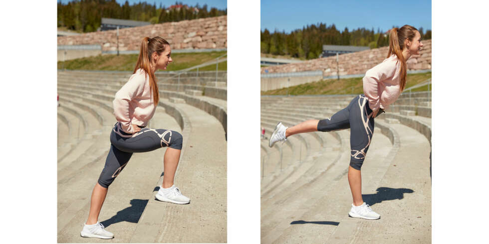 TRAPPETRENING: Step-up med strakt bein TRAPPETRENING: Step-up med strakt bein