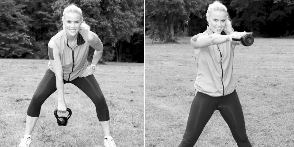 KETTLEBELL SWING: Denne øvelsen trener setemusklene, hamstrings, core, rygg og skuldre. KETTLEBELL SWING: Denne øvelsen trener setemusklene, hamstrings, core, rygg og skuldre.