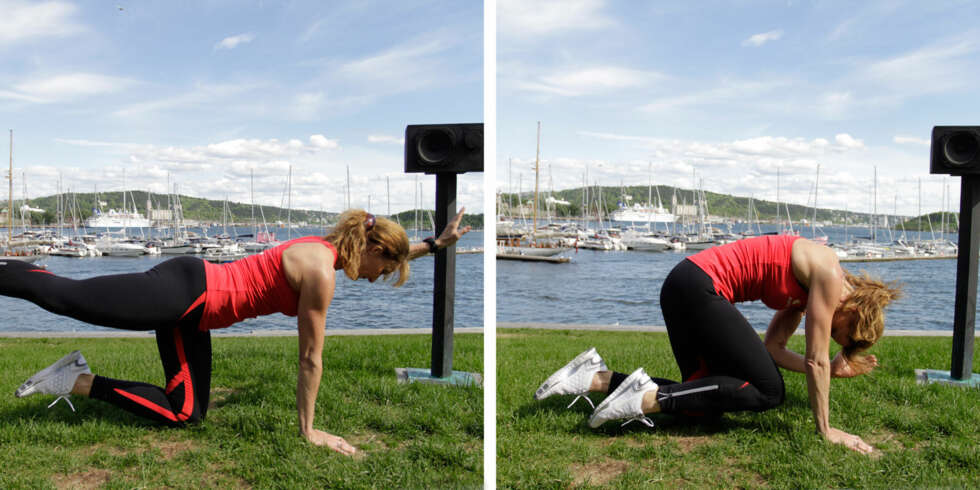 ØVELSE 5: Diagonal arm-og rygghev med ""katten"". Foto: Jenny Mina Rødahl ØVELSE 5: Diagonal arm-og rygghev med ""katten"". Foto: Jenny Mina Rødahl