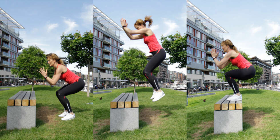 ØVELSE 6: Knebøy med hopp. Foto: Jenny Mina Rødahl ØVELSE 6: Knebøy med hopp. Foto: Jenny Mina Rødahl